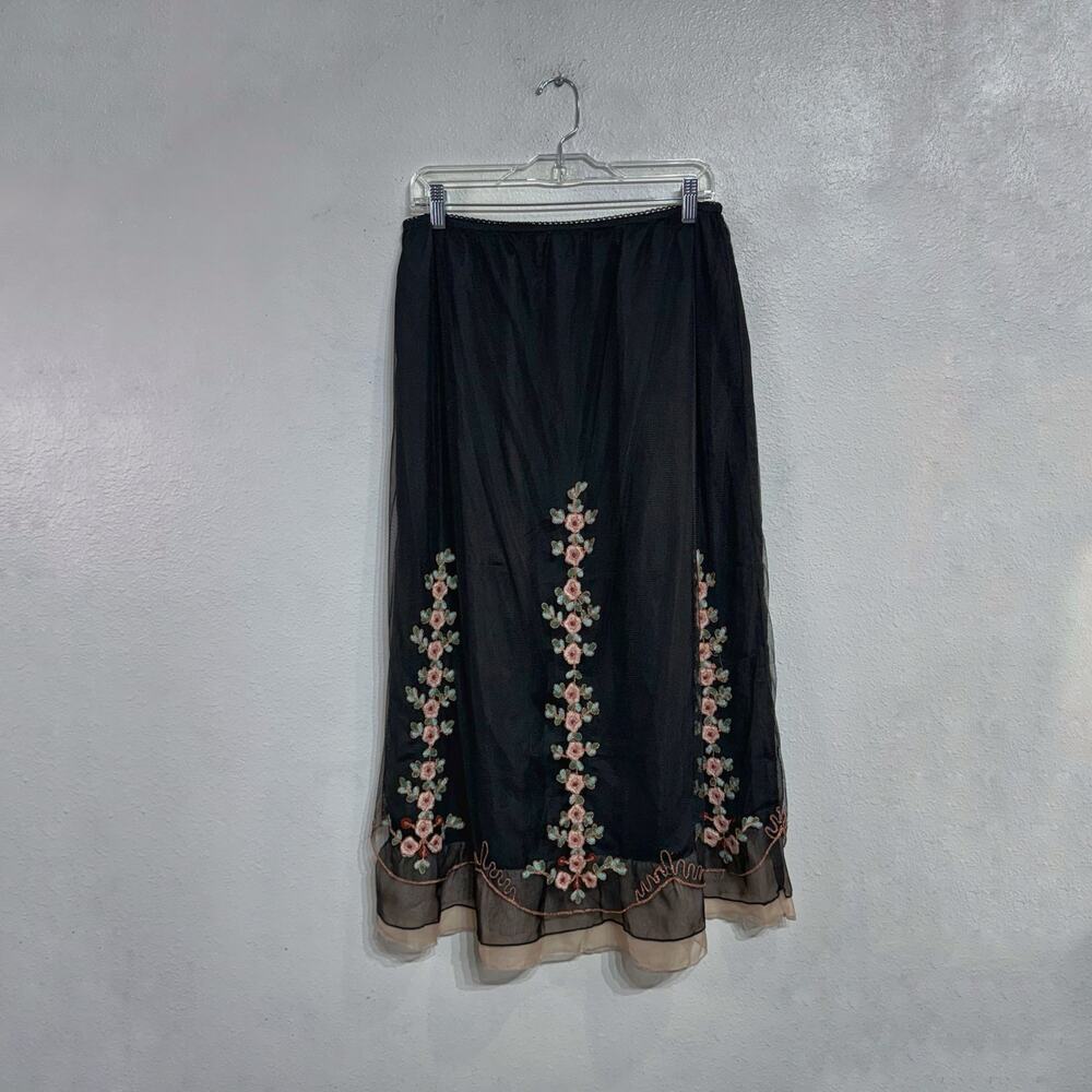 J. Marco Black Sheer Mesh Embroidered Floral Midi Skirt Sz M